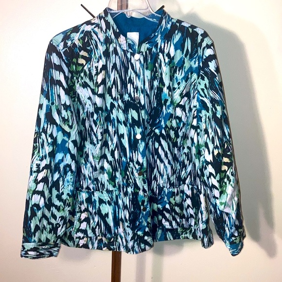 Chico’s | Women’s Blue Abstract Print Linen Blend Jacket - Size 4 - Picture 1 of 12
